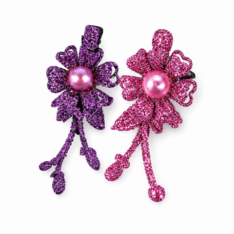 CASA & GRADINA - Set 2 agrafe de par mov si roz 5 x 2 cm, model floral metalizat, accesorii decorative pentru orice coafura