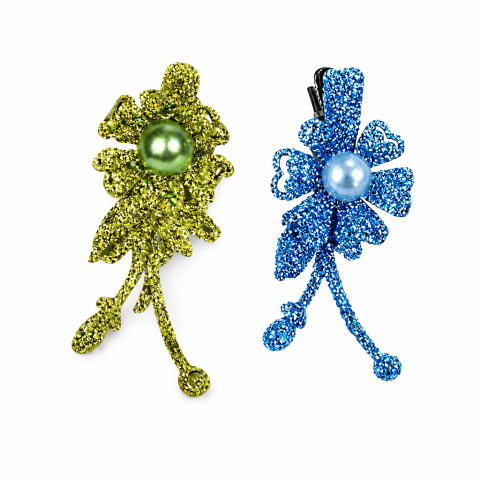 CASA & GRADINA - Set 2 agrafe de par verde si bleu 5 x 2 cm, model floral metalizat, accesorii pentru coafuri, fixare confortabila