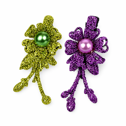 CASA & GRADINA - Set 2 agrafe de par verde si mov 5 x 2 cm, model floral metalizat, accesorii elegante cu design floral