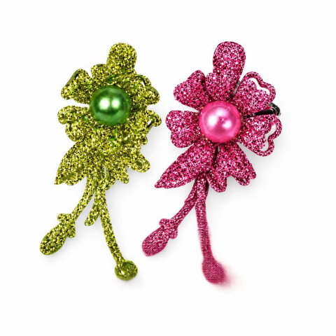 Accesorii par - Set 2 agrafe de par verde si roz 5 x 2 cm, model floral metalizat, accesorii chic pentru par, prindere ferma