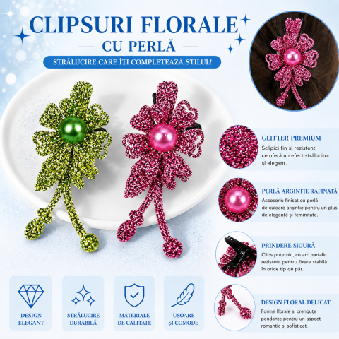 Set 2 agrafe de par verde si roz 5 x 2 cm, model floral metalizat, accesorii chic pentru par, prindere ferma [3]