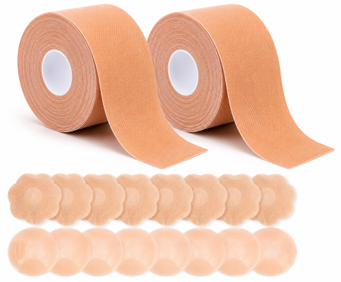 Set 2 Benzi pentru Ridicare si Sustinere Bust, 5 m x 5 cm fiecare, Extensie 180%, Impermeabile, cu 20 Protectii pentru Mameloane Incluse [1]