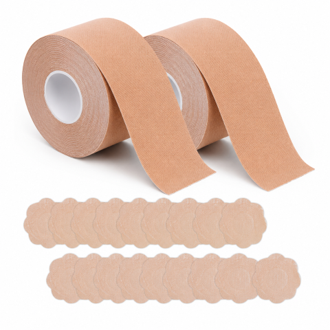 Perii păr - Set 2 Benzi pentru Ridicare si Sustinere Bust, 5 m x 5 cm fiecare, Extensie 180%, Impermeabile, cu 20 Protectii pentru Mameloane Incluse