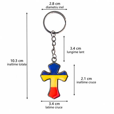 Set 2 brelocuri argintii 10,3 cm cu cruce tricolor 2,1 x 3,4 cm, accesorii port chei din otel inoxidabil Romania pentru femei si barbati, cadou crestin [2]