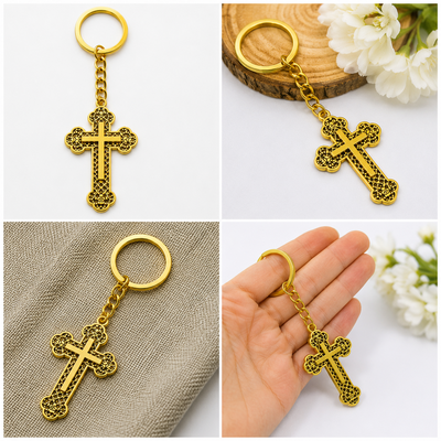 Set 2 brelocuri aurii 10,8 cm cu cruce 5,4 x 3,2 cm, port chei metalic filigranat patinat pentru femei si barbati sau marturii botez [3]
