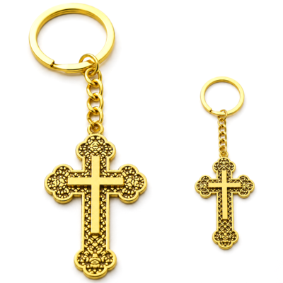 CASA & GRADINA - Set 2 brelocuri aurii 10,8 cm cu cruce 5,4 x 3,2 cm, port chei metalic filigranat patinat pentru femei si barbati sau marturii botez