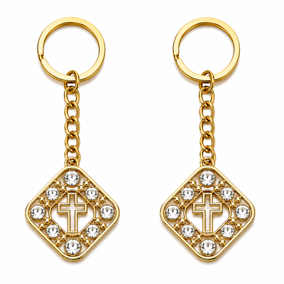 CASA & GRADINA - Set 2 brelocuri aurii 9,3 cm cu pandantiv cruce 2,7 x 2,7 cm, pietre artificiale, lant 3,2 cm, inel 2,8 cm, port chei si cadou religios