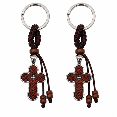 CASA & GRADINA - Set 2 brelocuri crestine maro-argintiu 9.5 cm, cruce 4 cm gravata fata, spate metalic, snur impletit cu margele din lemn, inel metalic 2.9 cm diametru