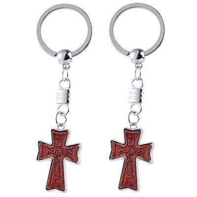 CASA & GRADINA - Set 2 brelocuri crestine maro-argintiu 9.5 cm, cruci 3.5 x 2.2 cm cu imaginea lui Isus incrustata, inele metalice pentru chei, accesorii religioase unisex