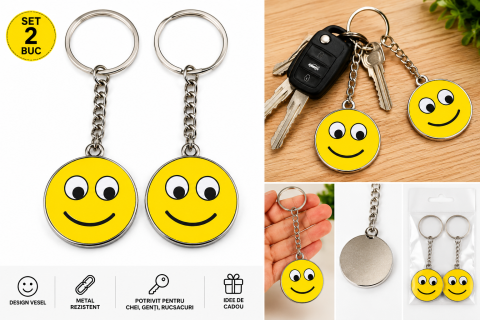 Set 2 brelocuri pentru chei cu emoticon zambitor, model Smiley Face [1]