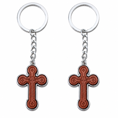 CASA & GRADINA - Set 2 brelocuri religioase maro-argintiu 9,3 cm, cruce 3,5 x 2,6 cm cu cruci mici, grosime 4 mm, inel 3,4 cm, pentru barbati si femei, marturii botez