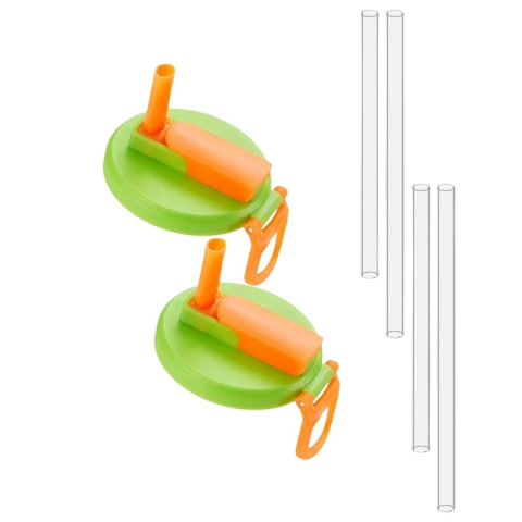 Sanuri incaltaminte - Set 2 capace reutilizabile pentru doze cu pai transparent rabatabil si maner lateral, sistem anti-varsare universal 5.4 cm, verde