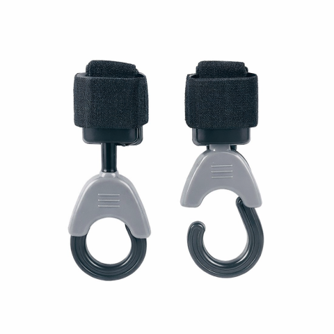 CASA & GRADINA - Set 2 carlige carucior din plastic cu velcro, rotative 360°, suport genti si sacose, sarcina maxima 2 kg, gri-negru