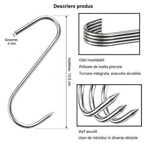 Set 2 carlige de agatare, argintii 13.5 cm, grosime 3 mm, inox curbat forma S cu varf pentru perforare, pentru carne, preparate afumate si procesare [1]