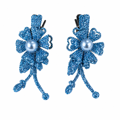 CASA & GRADINA - Set 2 cleme de par bleu 5 x 2 cm, model floral metalizat, accesorii moderne pentru par, fixare sigura