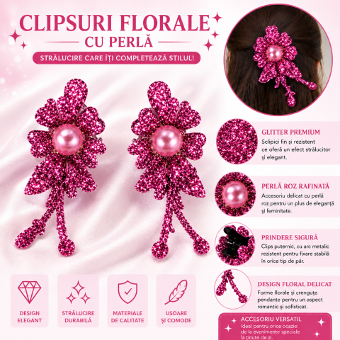 Set 2 cleme de par roz 5 x 2 cm, model floral metalizat, accesorii decorative pentru coafuri, prindere ferma [1]