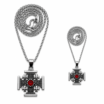 Set 2 coliere argintii 29 cm cu pandantiv cruce Ierusalim 2,3 x 2,3 cm, lant metalic unisex, accesorii crestine Jerusalem, marturii pentru botez