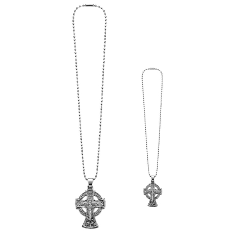 CADOURI - Set 2 coliere argintii lungime lant 61 cm ajustabil cu cruce celtica 3 x 2 cm, pandantiv 2 fete, Rastignirea lui Iisus Hristos si Sfantul Arhanghel Mihail