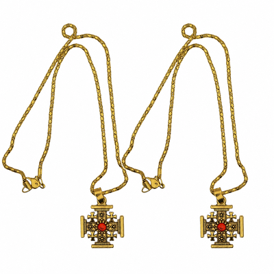 CADOURI - Set 2 coliere aurii 42 cm cu pandantiv cruce 23 x 23 mm, metal dubla fata, detaliu rosu, accesorii crestine Crucea Ierusalimului, unisex