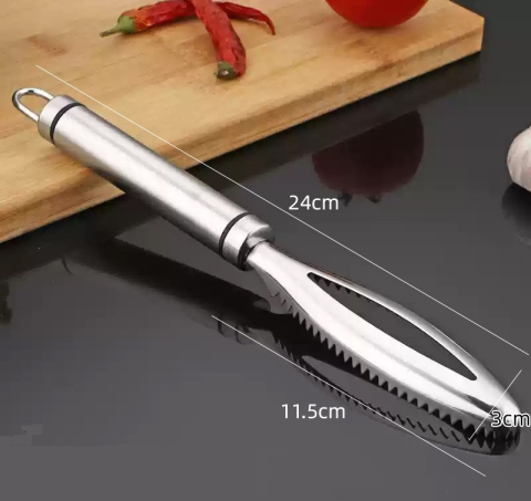 Set 2 curatatoare pentru solzi de peste din otel inoxidabil, 24 x 3 cm, razuitoare manuale cu maner ergonomic, gri [6]
