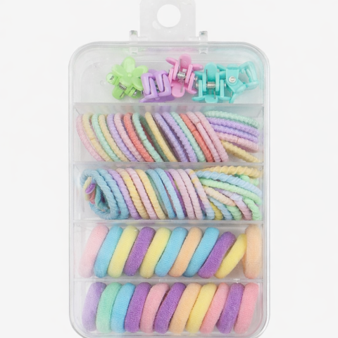 CASA & GRADINA - Set 2 cutii accesorii par cu elastic 2 cm, elastic spiralat, elastic subtire si 10 cleme flori multicolor