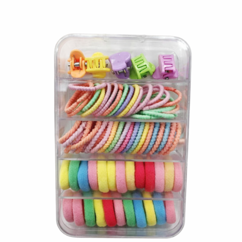 Set 2 cutii accesorii par cu elastic 2 cm, elastic spiralat, elastic subtire si cleme inimioare, multicolor [9]