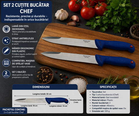 Set 2 cutite bucatar Chef otel inoxidabil 32 cm lama 18 cm maner albastru rezistente uz zilnic [1]