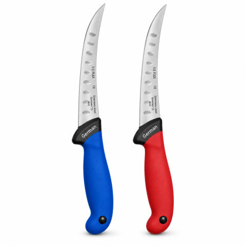 Cutite si tacamuri - Set 2 cutite pentru transare 28.5 cm, lama curbata 15 cm cu alveole, 100 g/buc, otel inoxidabil, manere ergonomice, culori aleatorii