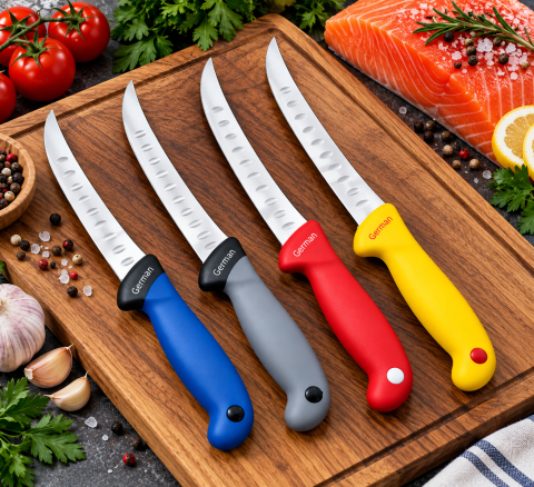 Set 2 cutite pentru transare 28.5 cm, lama curbata 15 cm cu alveole, 100 g/buc, otel inoxidabil, manere ergonomice, culori aleatorii [4]