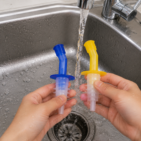 Set 2 dopuri picuratoare pentru sticle, galben si albastru, dozatoare reutilizabile pentru lichide [2]