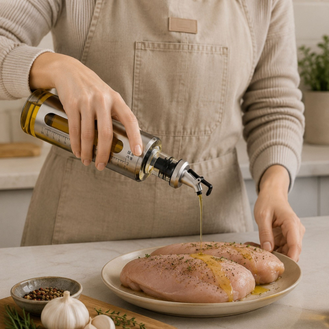 Set 2 dozatoare pentru ulei si otet, 2 x 500 ml, argintiu, recipiente din sticla cu protectie inox, scala gradata, cioc anti-picurare, pentru bucatarie [3]