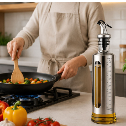 Set 2 dozatoare pentru ulei si otet, 2 x 500 ml, argintiu, recipiente din sticla cu protectie inox, scala gradata, cioc anti-picurare, pentru bucatarie [1]