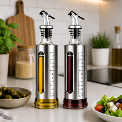 Set 2 dozatoare pentru ulei si otet, 2 x 500 ml, argintiu, recipiente din sticla cu protectie inox, scala gradata, cioc anti-picurare, pentru bucatarie [6]