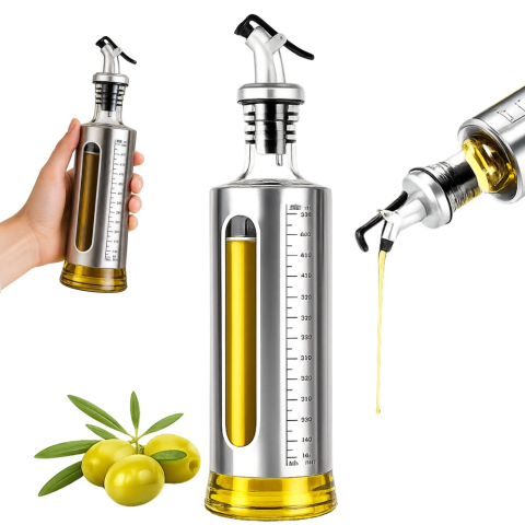 Set 2 dozatoare pentru ulei si otet, 2 x 500 ml, argintiu, recipiente din sticla cu protectie inox, scala gradata, cioc anti-picurare, pentru bucatarie [8]