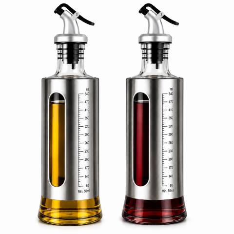CASA & GRADINA - Set 2 dozatoare pentru ulei si otet, 2 x 500 ml, argintiu, recipiente din sticla cu protectie inox, scala gradata, cioc anti-picurare, pentru bucatarie