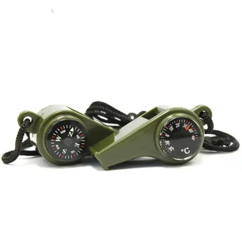 Supravietuire - Set 2 fluiere supravietuire 3 in 1 cu busola si termometru, ABS rezistent, cordon inclus, verde 6 cm