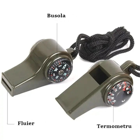 Set 2 fluiere supravietuire 3 in 1 cu busola si termometru, ABS rezistent, cordon inclus, verde 6 cm [3]