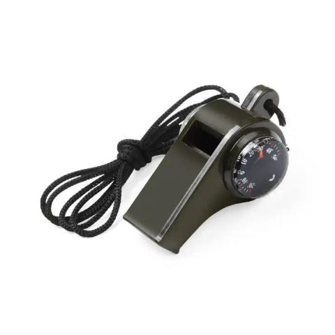 Set 2 fluiere supravietuire 3 in 1 cu busola si termometru, ABS rezistent, cordon inclus, verde 6 cm [4]