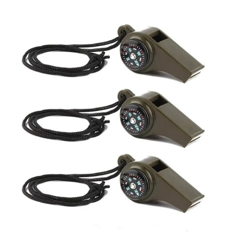 SPORT ȘI ACTIVITĂȚI - Set 3 fluiere supravietuire 3 in 1 cu busola si termometru, ABS rezistent, cordon inclus, verde 6 cm