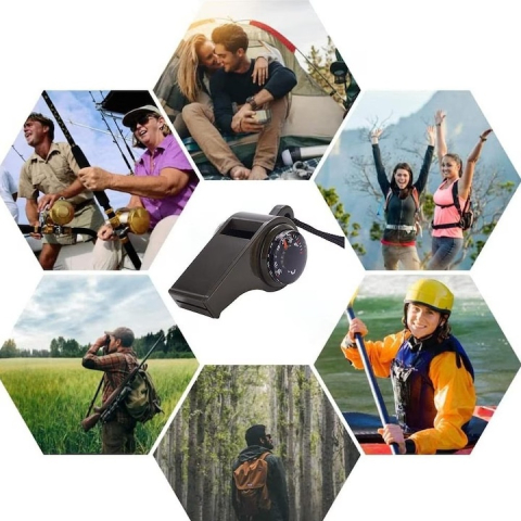 Set 3 fluiere supravietuire 3 in 1 cu busola si termometru, ABS rezistent, cordon inclus, verde 6 cm [2]