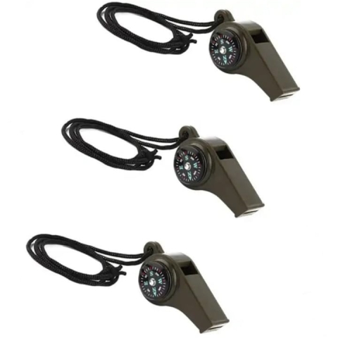 Set 3 fluiere supravietuire 3 in 1 cu busola si termometru, ABS rezistent, cordon inclus, verde 6 cm [1]
