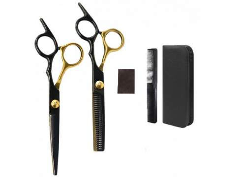 Ustensile îngrijire - Set 2 foarfece de tuns, din inox, pieptan, negru/auriu, 21.5 x 8.5 x 3 cm, carcasa inclusa