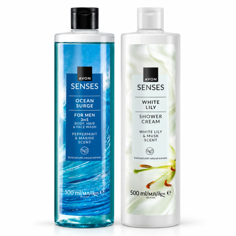 Geluri de dus - Set 2 Geluri de Dus Senses, Ocean Surge pentru El + White Lily pentru Ea, 2 x 500 ml, Avon