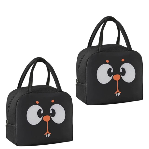 SPORT ȘI ACTIVITĂȚI - Set 2 genti termoizolante negre 22 x 19 x 14 cm, model animal, genti pentru pranz cu manere si fermoar, pentru alimente, scoala, gradinita si calatorii
