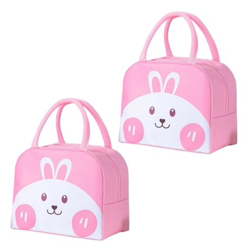 SPORT ȘI ACTIVITĂȚI - Set 2 genti termoizolante roz 22 x 18 x 13 cm, model iepuras, genti pentru pranz cu manere si fermoar, pentru alimente, scoala, gradinita si calatorii