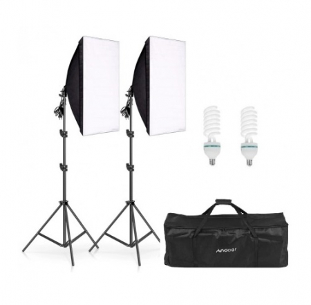 Oferta Saptamanii - Set de lumini pentru studio cu 2 softbox 50x70, becuri neutre 2 x 150W, 2 trepiede 200cm, 2 Panze de difuzie si geanta transport