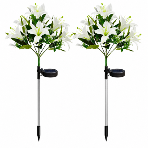 ELECTRONICE - Set 2 lampi solare de gradina cu flori de crin albe, 70 cm, iluminare LED