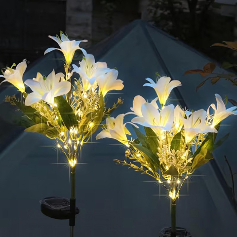Set 2 lampi solare de gradina cu flori de crin albe, 70 cm, iluminare LED [4]