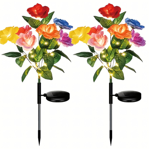 ELECTRONICE - Set 2 lampi solare decorative multicolore 71 cm, model buchet de trandafiri cu LED