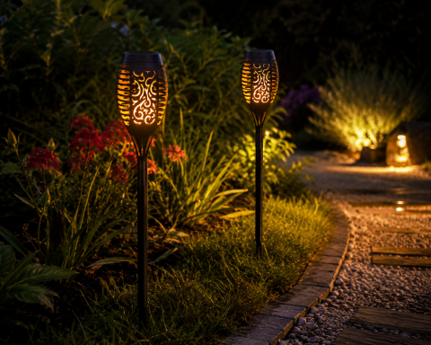 Set 2 Lampi Solare LED pentru Gradina si Terasa, iluminare decorativa cu efect de flacara, rezistente la apa, lumina calda, 7 x 51 cm, negru [5]